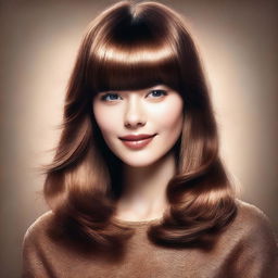 A high-quality digital art image showcasing a stylish young woman with shiny brown hair styled in bangs