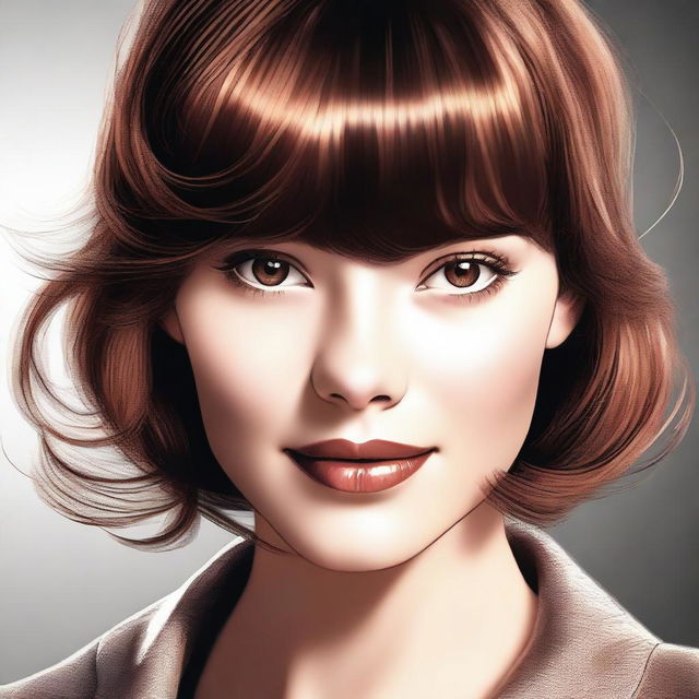 A high-quality digital art image showcasing a stylish young woman with shiny brown hair styled in bangs