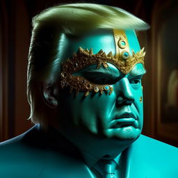 Depict Donald Trump wearing a detailed, turquoise and gold mask featuring miniature sculptures, with Vray tracing and cloisonnism techniques. The backdrop includes impressionistic scenes of Venice combined with elements of realistic fantasy art. Aim for an exquisite level of detail.