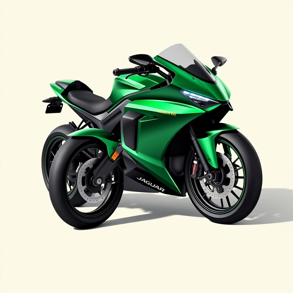 A stunning vector image of a Jaguar brand electric motorbike, featuring British Racing Green as the primary color