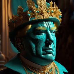 Depict Donald Trump wearing a detailed, turquoise and gold mask featuring miniature sculptures, with Vray tracing and cloisonnism techniques. The backdrop includes impressionistic scenes of Venice combined with elements of realistic fantasy art. Aim for an exquisite level of detail.