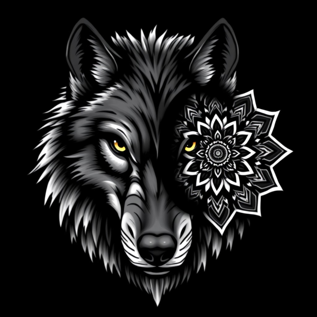 A front-facing wolf head with fierce, intense eyes and strong, masculine features