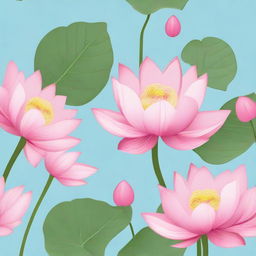 A light blue background featuring pink lotuses with leaves.