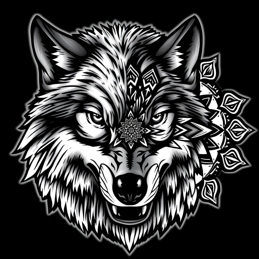 A front-facing wolf head that appears realistic and fierce, featuring sharp eyes and an aggressive expression