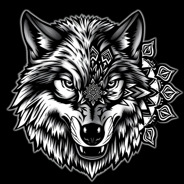 A front-facing wolf head that appears realistic and fierce, featuring sharp eyes and an aggressive expression