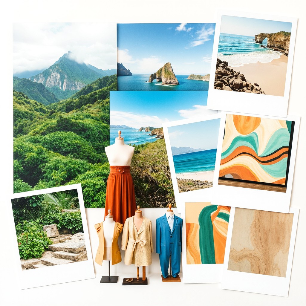 A vibrant mood board showcasing a variety of inspirations including travel, nature, fashion, and art