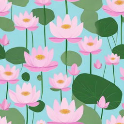 A light blue background featuring pink lotuses with leaves.