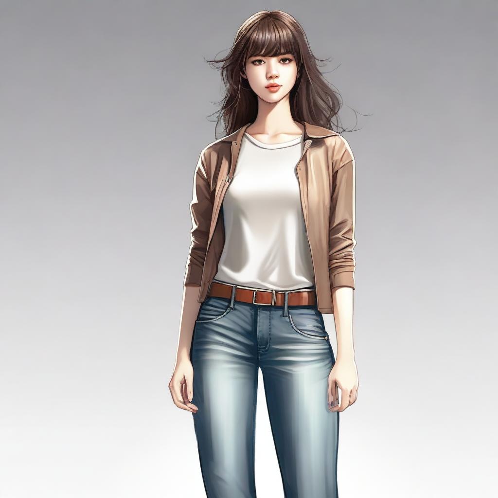 A full-body digital art image of a stylish young woman with shiny brown hair styled in bangs