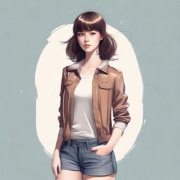 A full-body digital art image of a stylish young woman with shiny brown hair styled in bangs