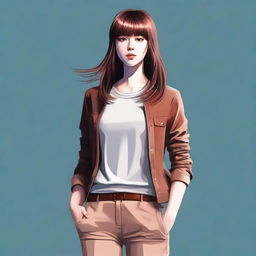 A full-body digital art image of a stylish young woman with shiny brown hair styled in bangs