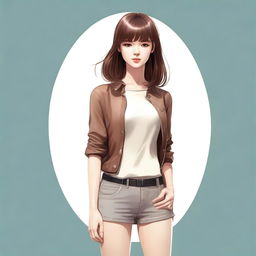 A full-body digital art image of a stylish young woman with shiny brown hair styled in bangs