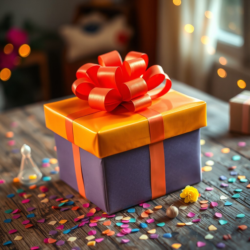 A beautifully designed gift box, wrapped in vibrant, glossy paper with a large, elegant bow on top