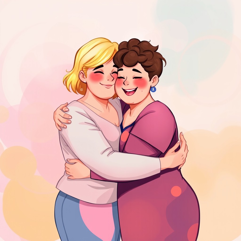 An abstract illustration depicting two plus-size friends hugging affectionately