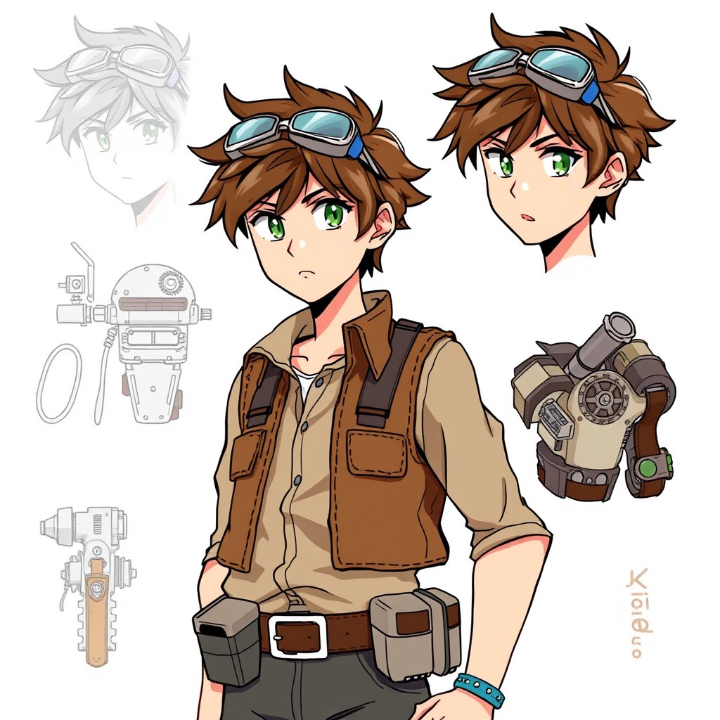 Full body character concept sheet of a young male mechanic named Kai, featuring messy brown hair and goggles resting on his forehead