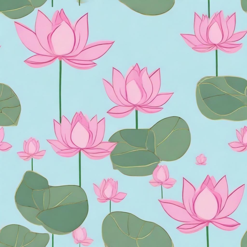 A light blue background featuring pink lotuses with leaves.