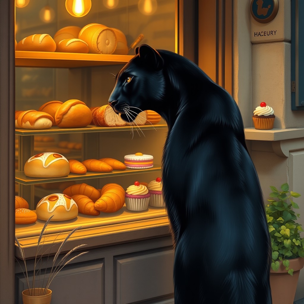 A majestic black panther with shiny fur, standing in front of a bakery window