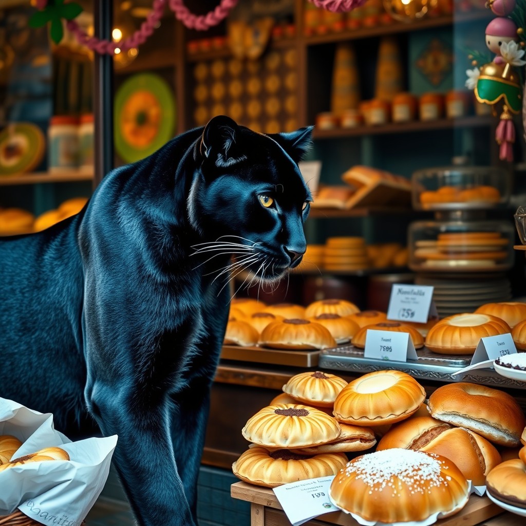 A striking black panther with sleek, glossy fur, standing in front of a traditional banitsa bakery