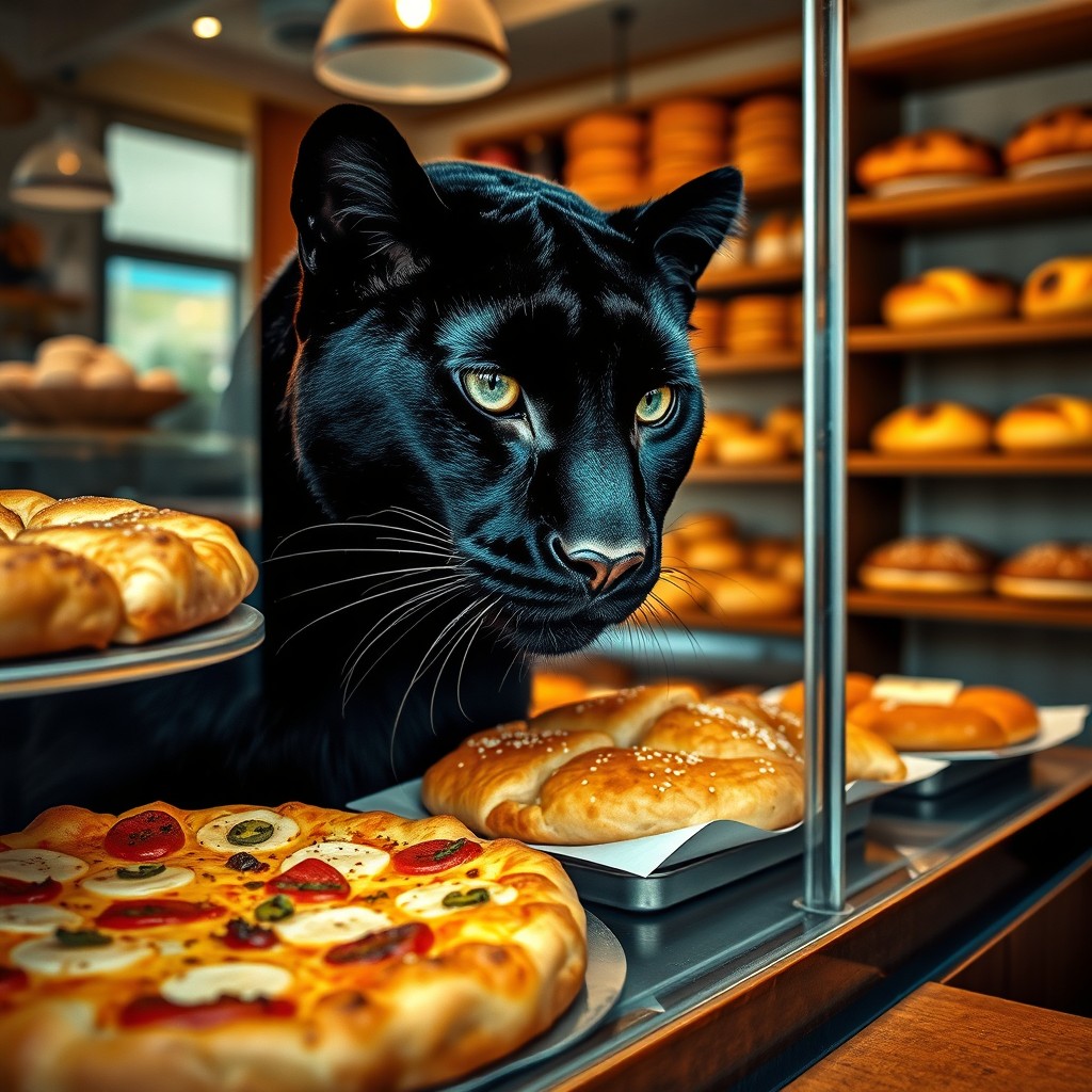 A majestic black panther inside a cozy bakery, curiously peering through the display window filled with delicious pastries