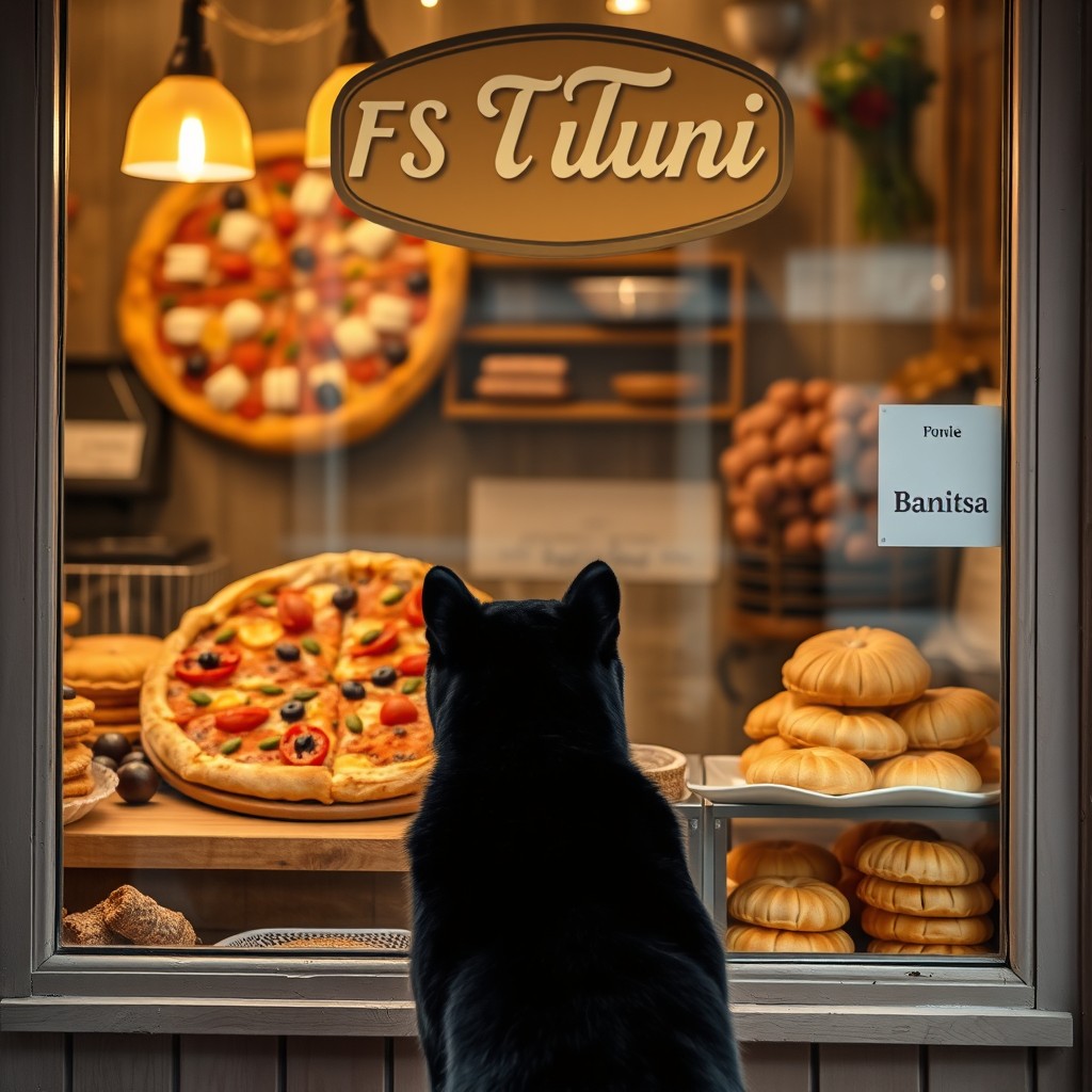 A magnificent black panther standing inside a quaint banitsa bakery called 'FS Tuni', gazing intently at the display window filled with delectable treats