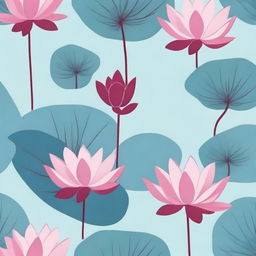 A light blue background featuring dark pink lotuses with leaves.