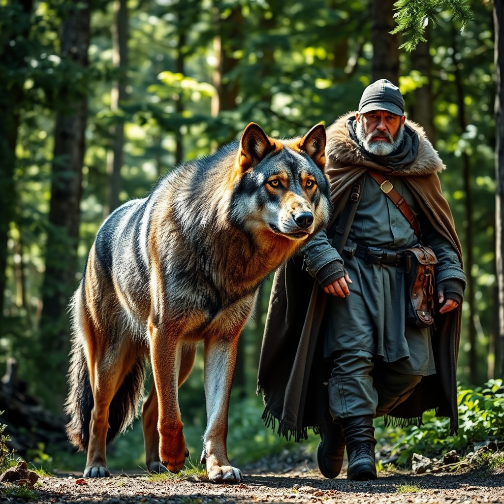 A strong, majestic wolf walking confidently alongside its wolf master