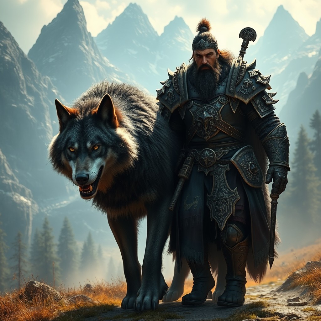 A strong, fierce-looking wolf walking alongside a wolf master, reminiscent of a character from a Warcraft movie