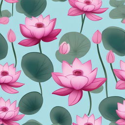 A light blue background featuring dark pink lotuses with leaves.