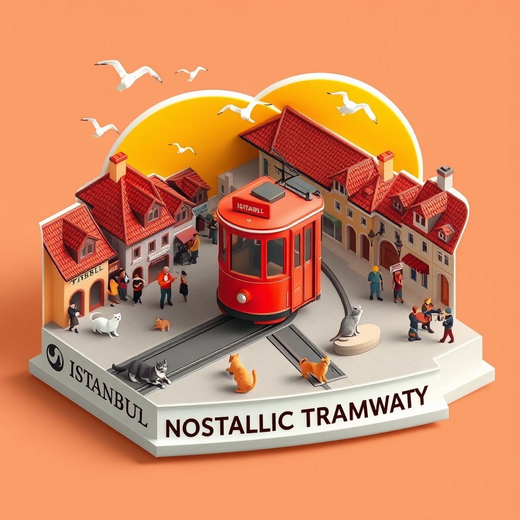 A 3D isometric-style souvenir magnet illustration of Istanbul’s nostalgic red tram on Istiklal Avenue