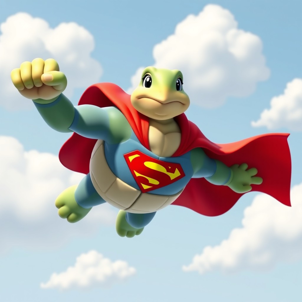 A friendly and realistic animated turtle, not resembling a Ninja Turtle, wearing a classic red and blue Superman costume, soaring through a light blue sky adorned with fluffy white clouds