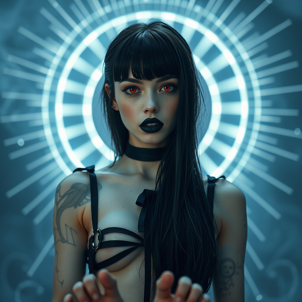A beautiful 20-year-old woman with full black lips and textured white skin, wearing long black hair with a gradient and bangs