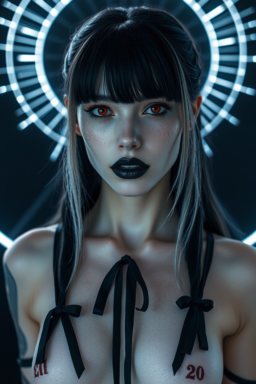A beautifully striking woman, aged 20, with textured white skin and long black hair that fades into a lighter tone, featuring bangs