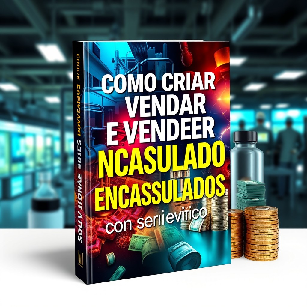 A visually striking ebook cover for the title "Como criar e vender encapsulados com serviço Private Label"