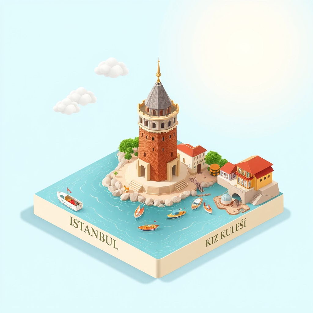 A 3D isometric-style souvenir magnet illustration of Istanbul’s Kız Kulesi (Maiden’s Tower) set against the backdrop of the Bosporus