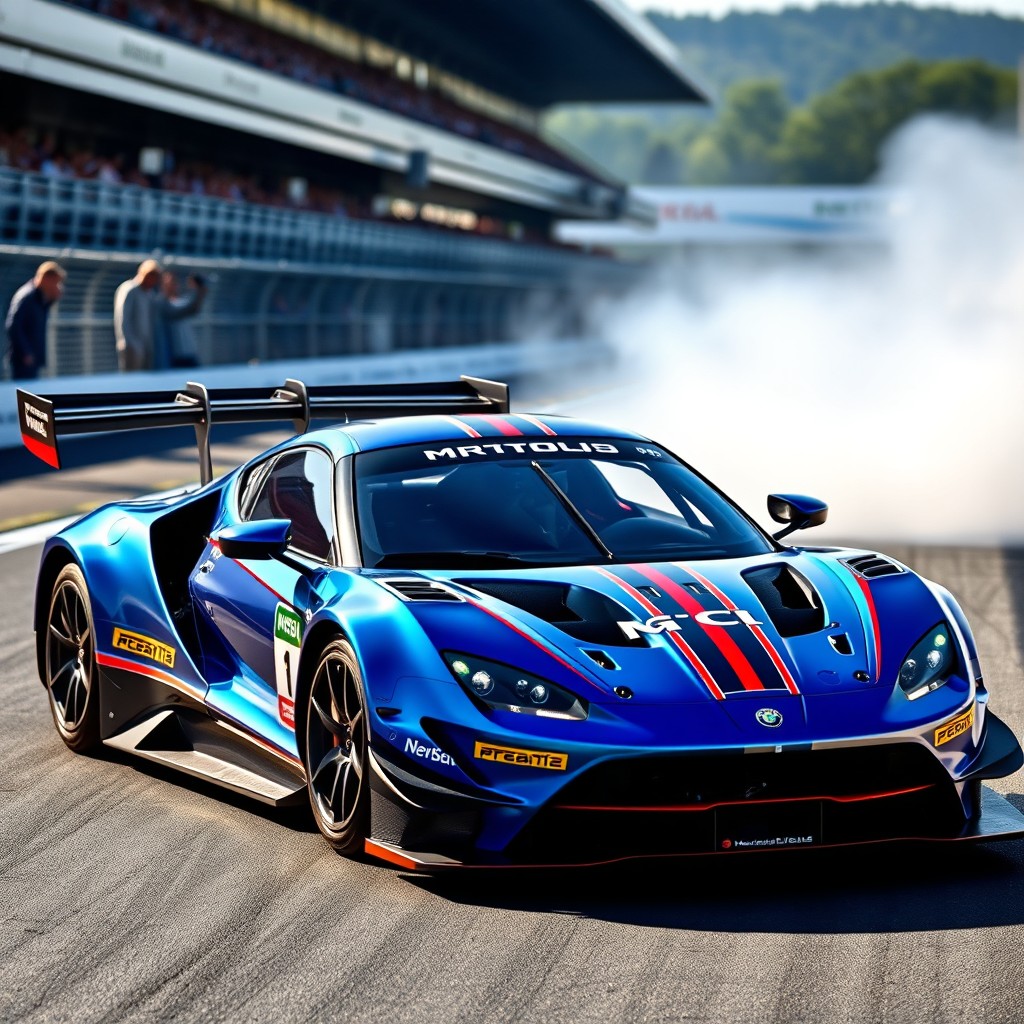 A stunning, high-performance Marea V12 Turbo GT3 racing car, showcasing its sleek aerodynamic design and aggressive stance on a racetrack