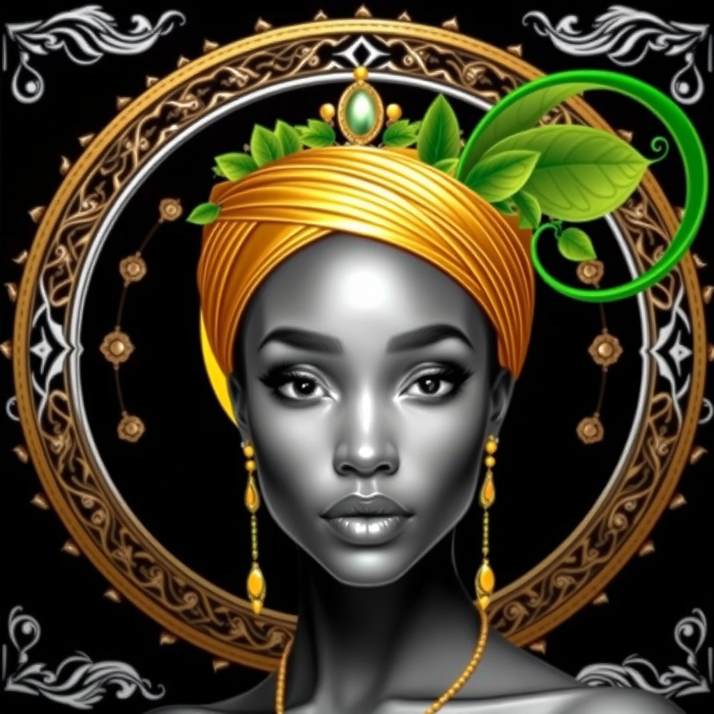 A stunning portrait featuring a circular gold halo behind the head, emphasizing royalty