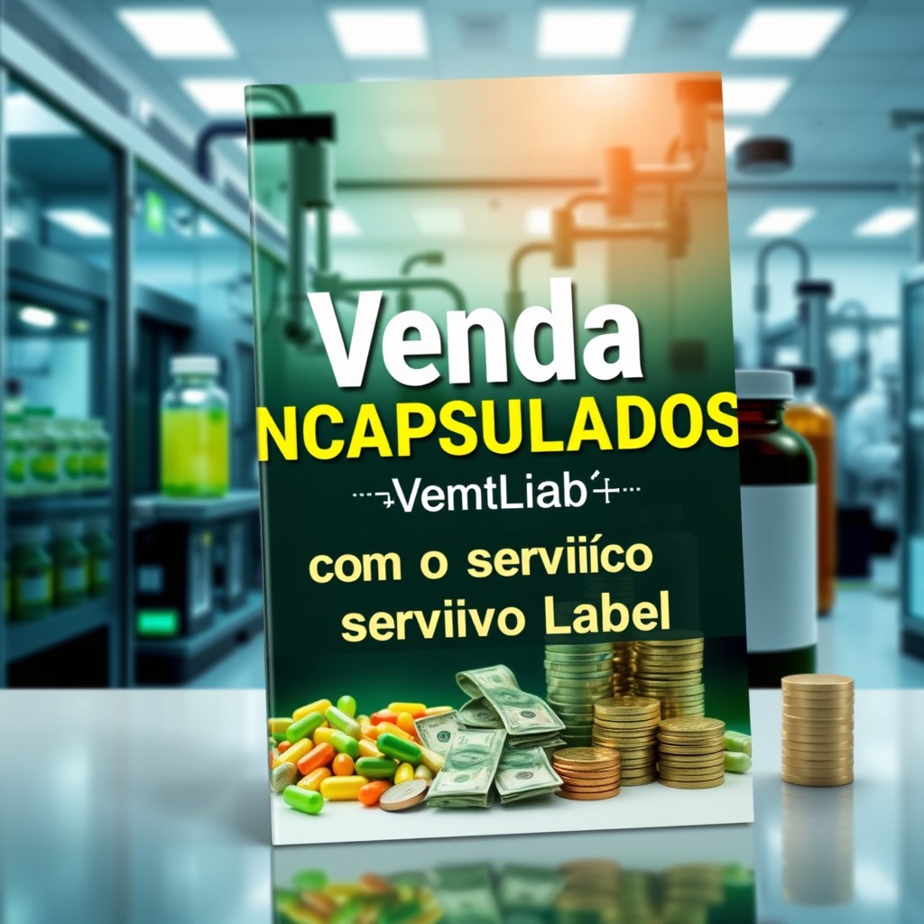 A visually appealing eBook cover design for 'Venda ENCAPSULADOS com o serviço Private Label' featuring a modern laboratory and supplement factory setting