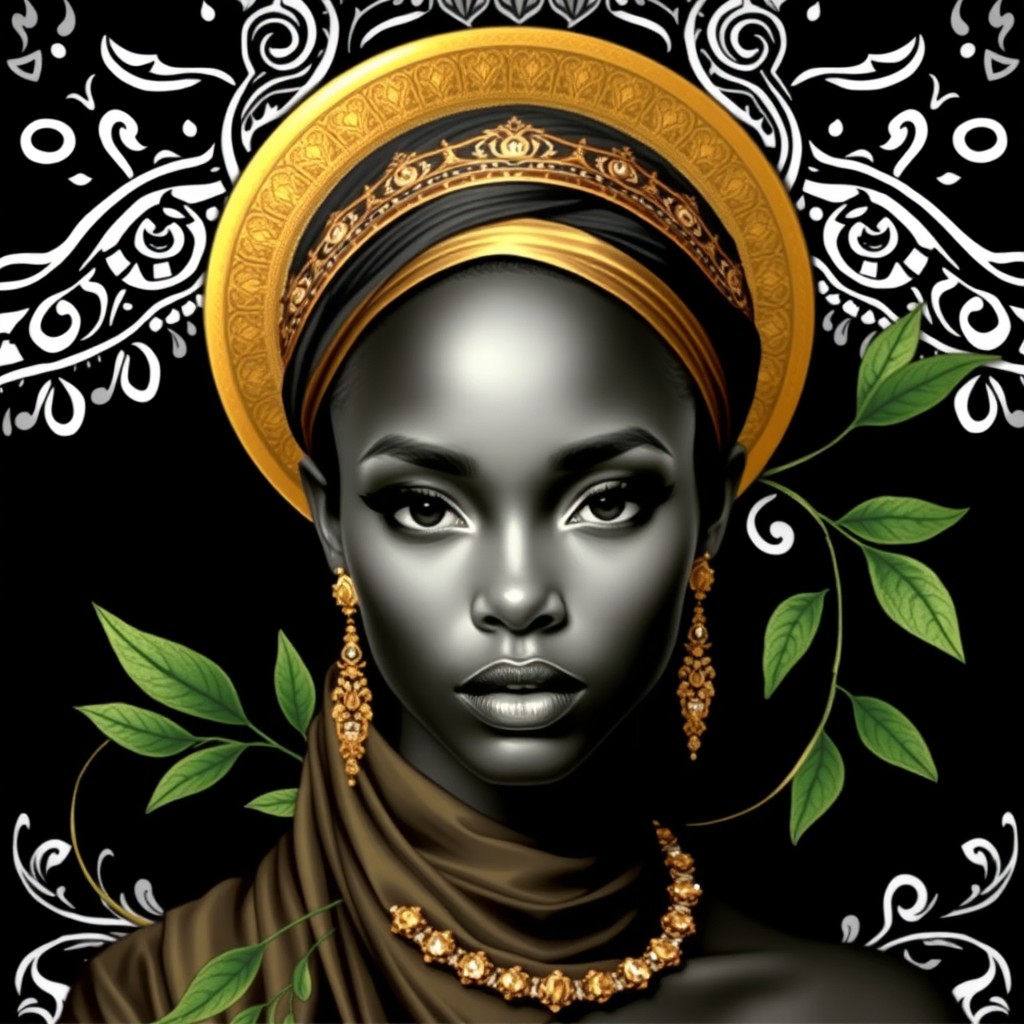 A striking portrait of a person with a bold, black and white (B&W) face that is clean and well-defined, featuring a prominent circular gold halo placed behind their head
