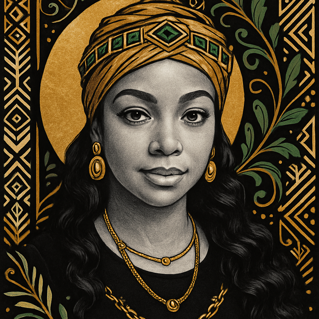 ┌────────────────────────────┐
│          GOLD HALO          │
│      (circular behind head) │
│                            │
│    👑 GOLD CROWN / WRAP     │
│     with green accents      │
│                            │
│      🖤 YOUR FACE (B&W)      │
│     Clean, grayscale        │
│                            │
│ ✨ GOLD JEWELRY ACCENTS ✨  │
│                            │
│ ⚫ Background: Black with   │
│ tribal white/gold patterns │
│ + green leafy swirl        │
└────────────────────────────┘