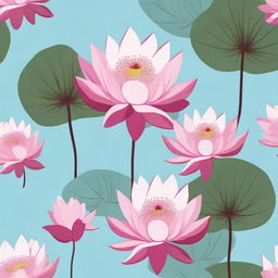 A light blue background featuring dark pink lotuses with leaves.