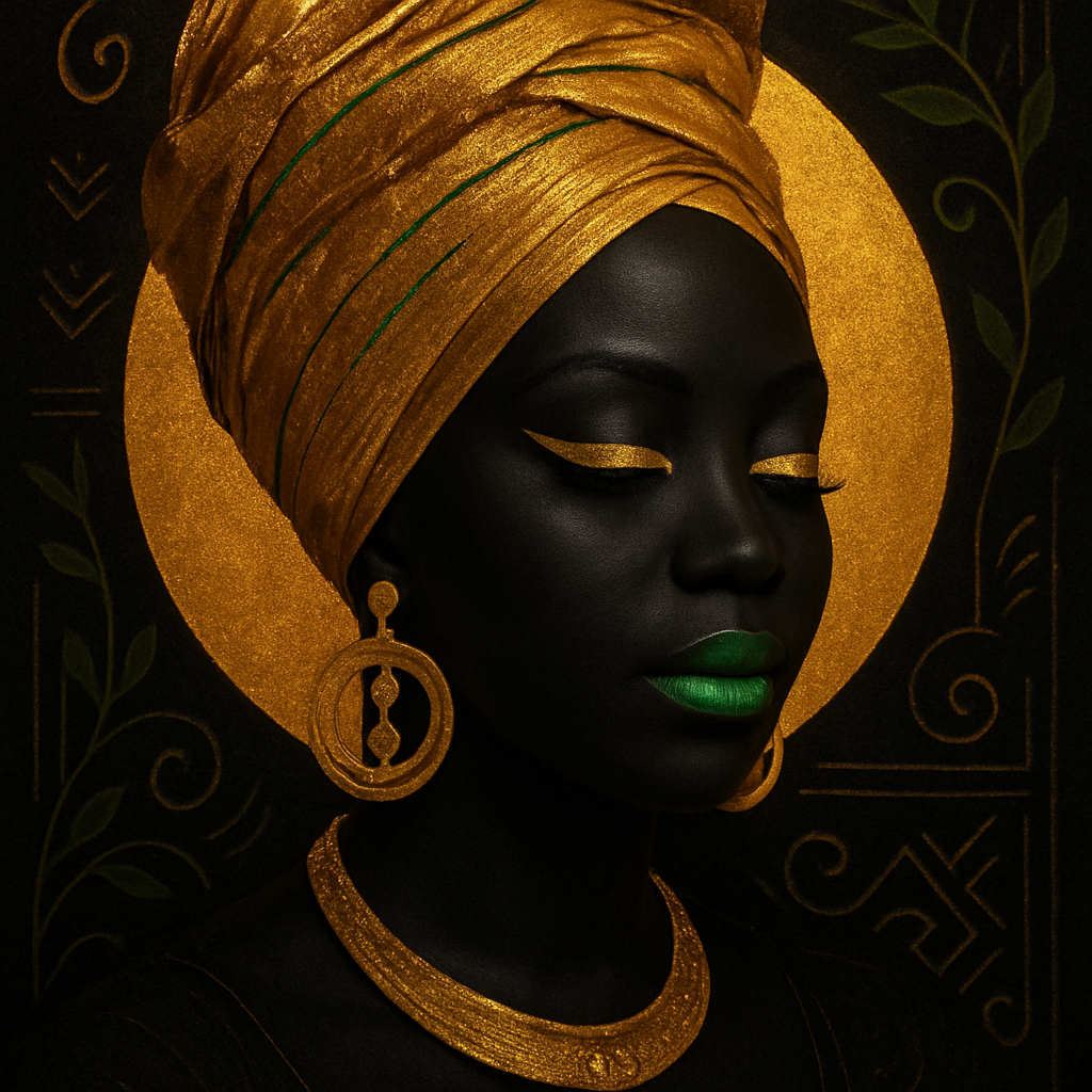 ──────────────────────────────
        [ GOLD HEADWRAP ]
   - Metallic gold texture
   - African wrap style
   - Optional green thread accents

         ◯◯ GOLD HALO
   - Subtle behind head glow

          YOUR FACE
   - Black/white base shading
   - Matte deep black skin tone
   - Soft highlights to contour face

      👁️ Closed or dramatic eyes
   - Gold metallic eyeliner or lashes

     💋 GREEN LIPSTICK
   - Bright, metallic green
   - Shiny, focal point

       ⚜️ GOLD EARRINGS
   - Large circular, African-inspired
   - Matching gold necklace (optional)

     ⚫ BLACK BACKGROUND
   - Deep black
   - Subtle tribal line art in gold/white
   - Optional green vine accents
──────────────────────────────