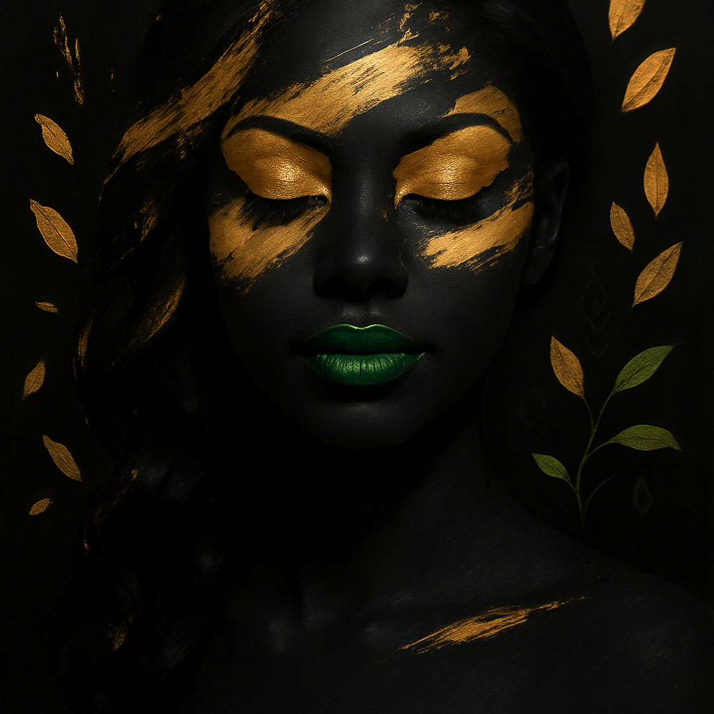 ╔════════════════════════════╗
║          HEAD AREA         ║
║                            ║
║  - YOUR FACE in black matte║
║    grayscale shading       ║
║  - Metallic gold paint     ║
║    splash strokes across   ║
║    forehead, eyes, cheeks  ║
║  - Eyes closed with thick  ║
║    gold eyeshadow          ║
║                            ║
║  - Lips: metallic GREEN    ║
║    (or gold if you prefer) ║
║                            ║
╠════════════════════════════╣
║         NECK/SHOULDERS     ║
║                            ║
║  - Same black matte finish ║
║  - Optional gold streaks   ║
║    on collarbones          ║
║                            ║
╠════════════════════════════╣
║        BACKGROUND          ║
║                            ║
║  - Solid deep black base   ║
║  - Abstract gold leaf shapes║
║    scattered at sides      ║
║  - Optional tribal pattern ║
║    in subtle white lines   ║
║  - Touch of green vines    ║
║    or leaf accents in back ║
╚════════════════════════════╝