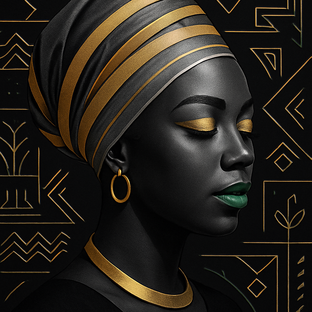 Can you use this plan with my face ┌─────────────────────────────┐
│         BACKGROUND           │
│ - Solid deep black base      │
│ - Subtle geometric linework  │
│   in gold and white          │
│ - Clean abstract African     │
│   patterns (minimal, elegant)│
│ - Faint green accents (vines │
│   or small leaf shapes)      │
└─────────────────────────────┘

┌─────────────────────────────┐
│         HEAD AREA            │
│ - Your face in grayscale     │
│   black/white shading        │
│ - Metallic gold headwrap or  │
│   crown (modern, clean lines)│
│ - Optional green thread      │
│   accents in wrap detail     │
└─────────────────────────────┘

┌─────────────────────────────┐
│          FACIAL DETAILS      │
│ - Smooth matte black skin    │
│   with sculptural lighting   │
│ - Closed or soft gaze eyes   │
│ - Metallic gold eyeliner or  │
│   eyeshadow (sleek shape)    │
│ - Lips: metallic green (main │
│   pop of color)              │
└─────────────────────────────┘

┌─────────────────────────────┐
│         JEWELRY/ACCENTS      │
│ - Gold hoop or stud earrings │
│   (minimal, modern design)   │
│ - Gold necklace/choker       │
│   (simple, elegant)          │
└─────────────────────────────┘

┌─────────────────────────────┐
│         OVERALL STYLE        │
│ - Clean, high-contrast       │
│ - Elegant, professional vibe │
│