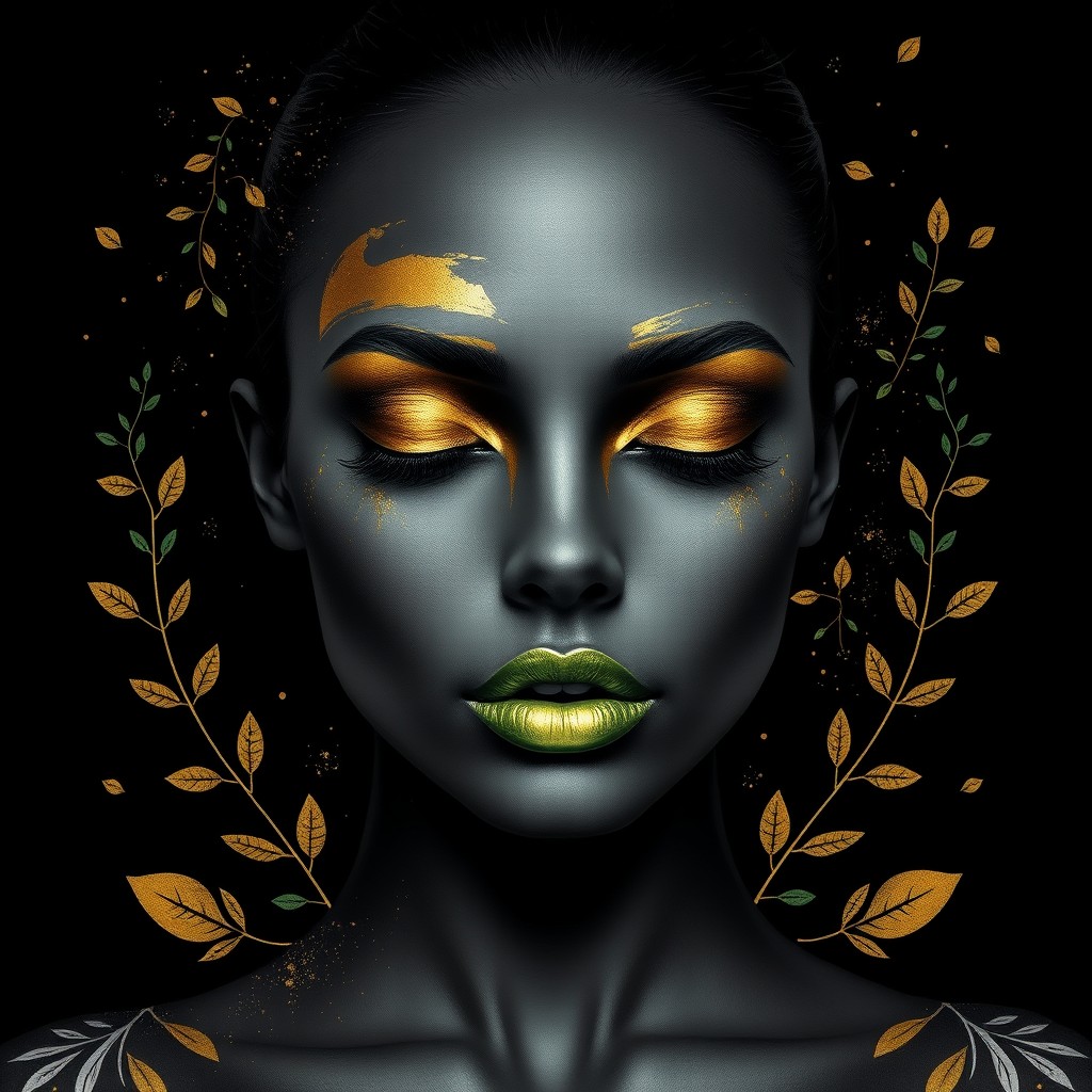 An artistic portrait featuring a face in black matte grayscale shading, complemented by metallic gold paint splashes across the forehead, eyes, and cheeks, creating a dramatic effect