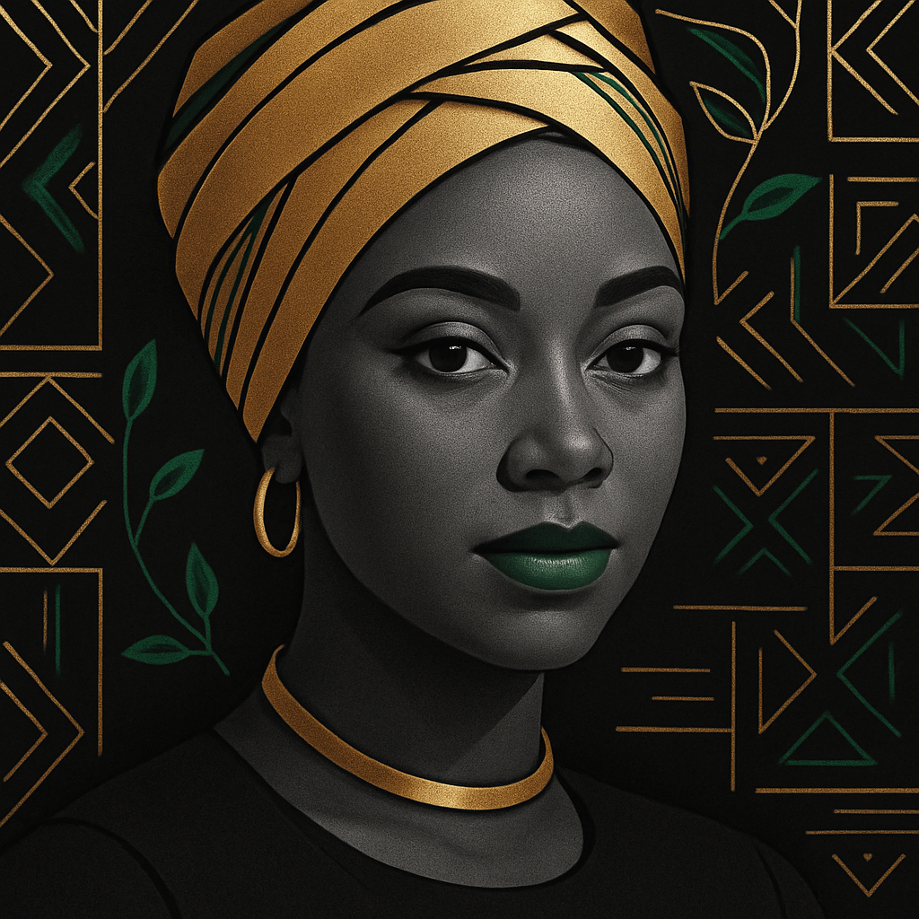 ┌───────────────────────────────┐
│          BACKGROUND            │
│ - Solid deep black base        │
│ - Minimalist gold/white lines  │
│   forming geometric African    │
│   patterns (very subtle)       │
│ - Small green accents woven in │
│   (vines or abstract leaves)   │
└───────────────────────────────┘

┌───────────────────────────────┐
│          HEAD AREA             │
│ - Your face in grayscale       │
│   with smooth, matte shading   │
│ - Eyes OPEN, direct confident  │
│   gaze to engage viewers       │
│ - Well-defined lashes, gold    │
│   eyeliner or subtle shimmer   │
│ - Brows shaped naturally       │
└───────────────────────────────┘

┌───────────────────────────────┐
│       HEADWRAP/CROWN           │
│ - Metallic gold design         │
│ - Modern African-inspired wrap │
│   with clean lines and shape   │
│ - Subtle green thread detail   │
│   or small kente accent        │
└───────────────────────────────┘

┌───────────────────────────────┐
│         FACIAL DETAILS         │
│ - Matte black skin tone with   │
│   clean shading highlights     │
│ - Metallic GREEN lips as a     │
│   strong focal color pop       │
│ - Light gold highlight on      │
│   cheekbones or temples        │
└───────────────────────────────┘

┌───────────────────────────────┐
│         JEWELRY/ACCENTS        │
│ - Gold hoop or minimalist stud │
│   earrings                     │
│ - Simple gold choker or chain  │
│   if desired                   │
└───────────────────────────────┘

┌───────────────────────────────┐
│        OVERALL STYLE           │
│ - Modern, clean, high-contrast │
│ - Office-appropriate elegance  │
│ - Confident, direct gaze       │
│ - Subtle Afrocentric nods via  │
│   patterns and wrap design     │
└───────────────────────────────┘