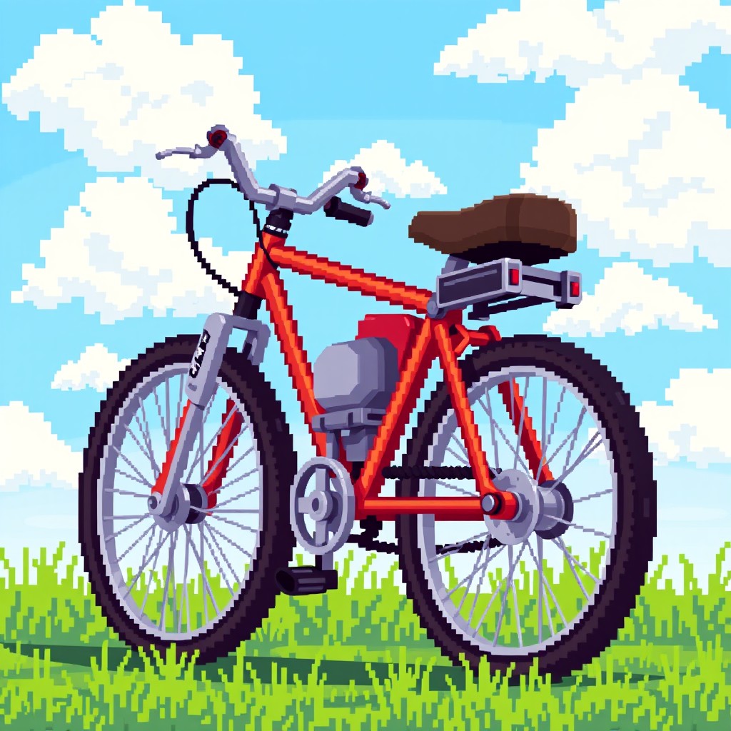 A pixel art style image of a bicycle with a motor, featuring vibrant colors and detailed pixelation