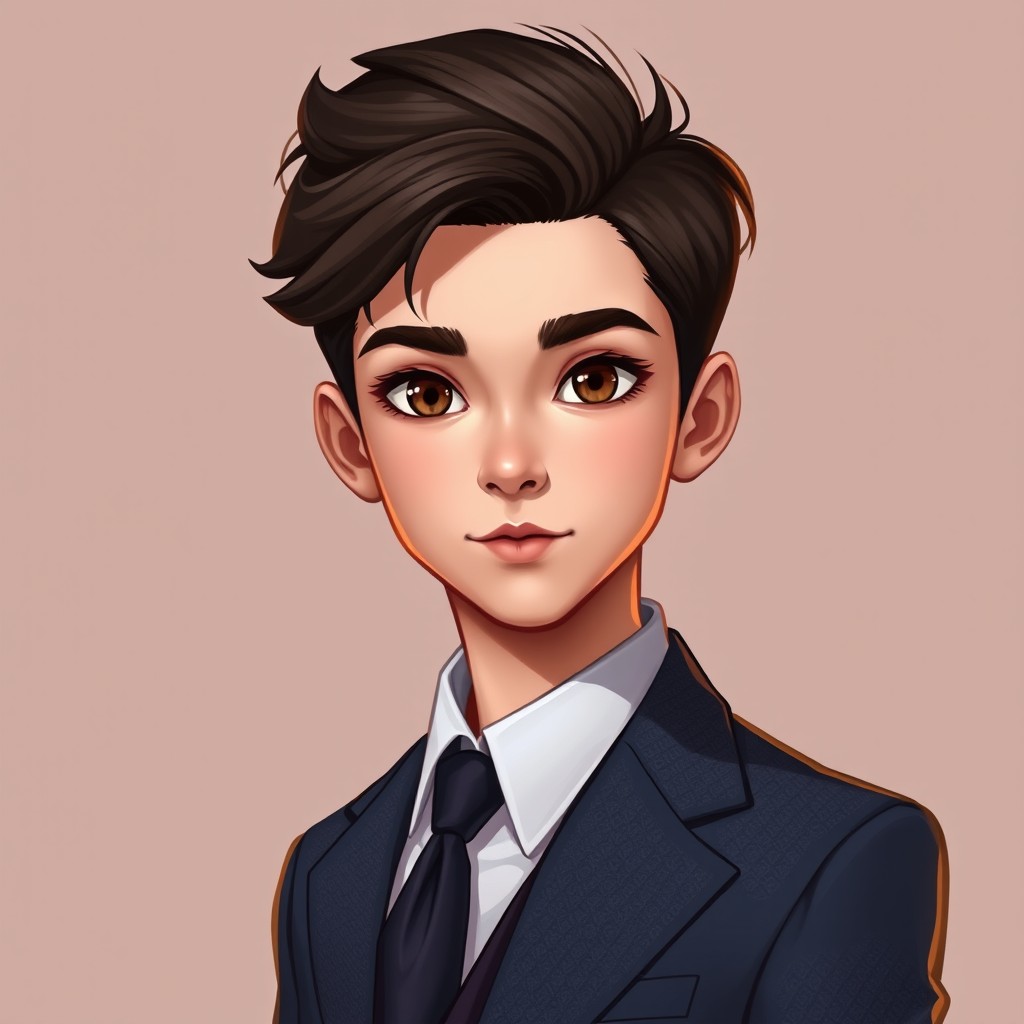 A digital art illustration of a teenage boy with brown eyes, dressed in a stylish suit