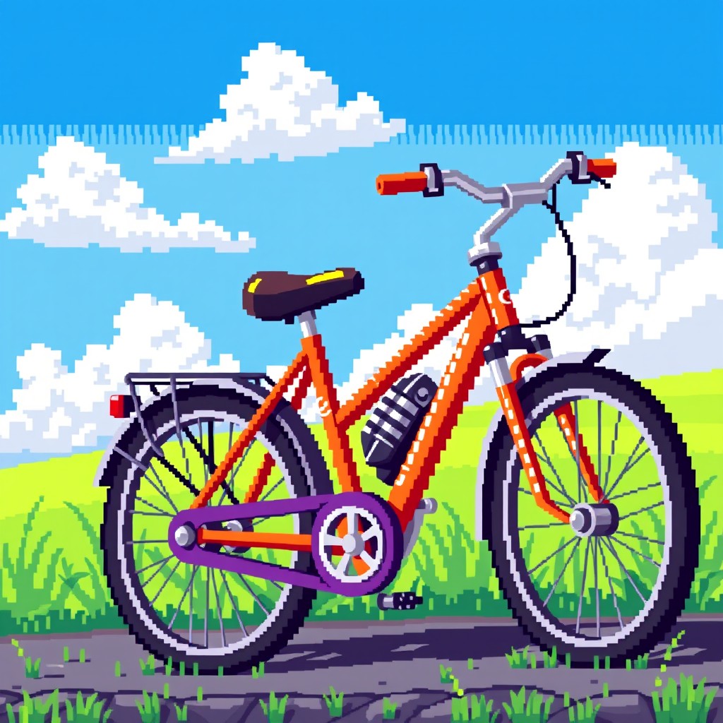 A pixel art style image of a bicycle with a motor, featuring vibrant colors and detailed pixelation