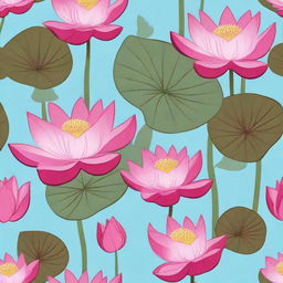 A light blue background featuring dark pink lotuses with leaves.