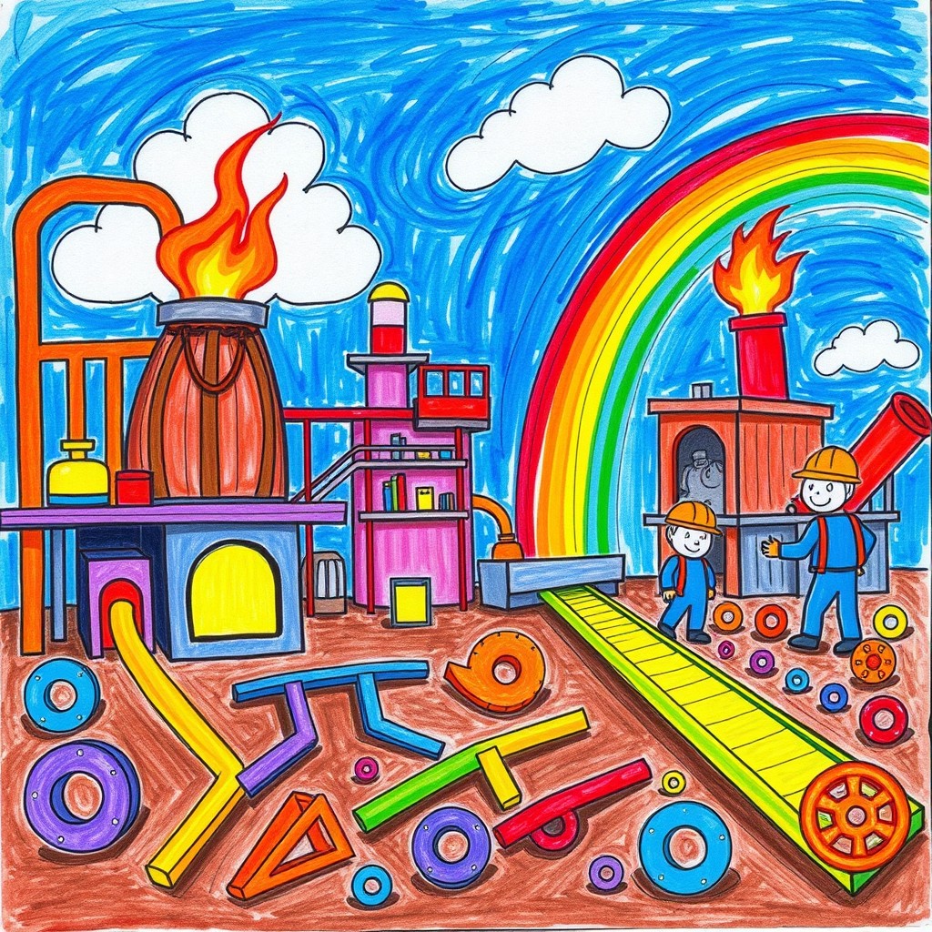 A colorful and imaginative drawing of a metallurgical production scene created as if by a child