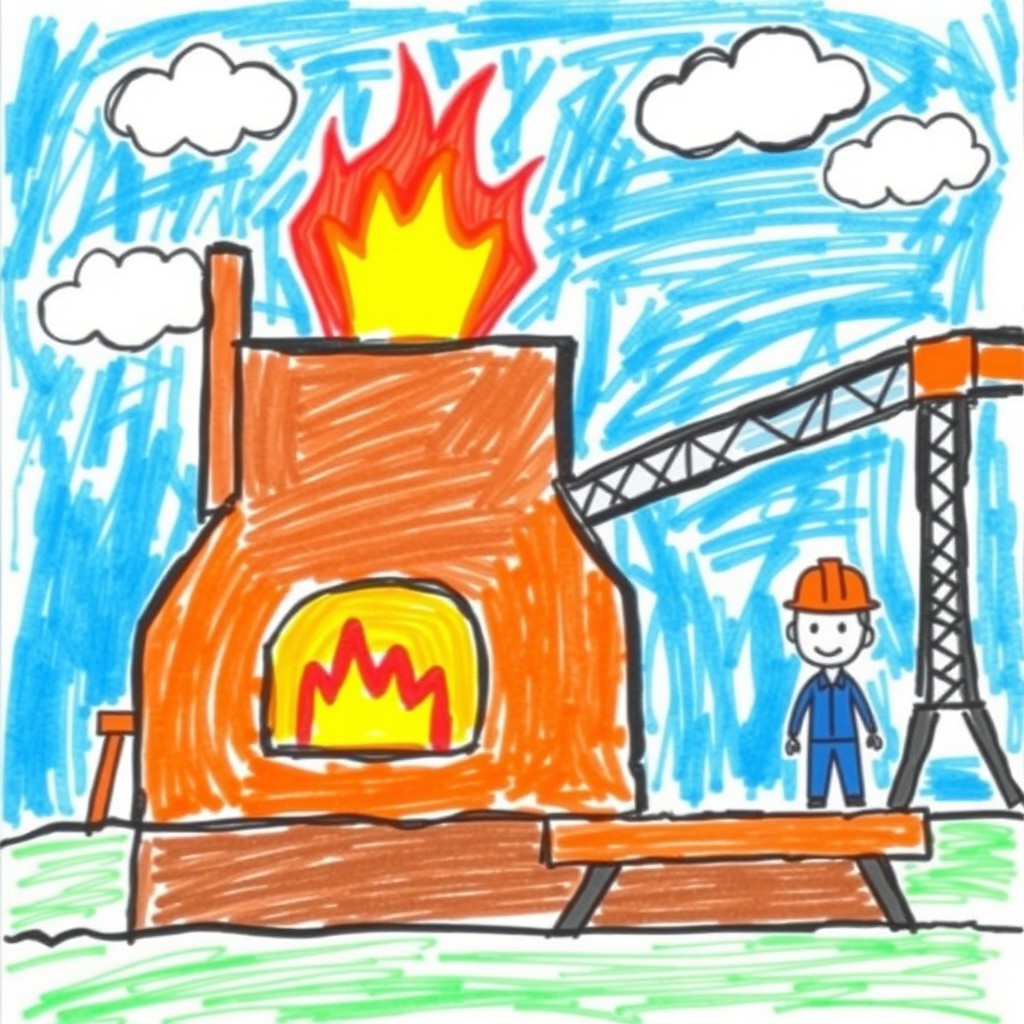 A simple and colorful drawing of a metallurgical production scene created as if by a child